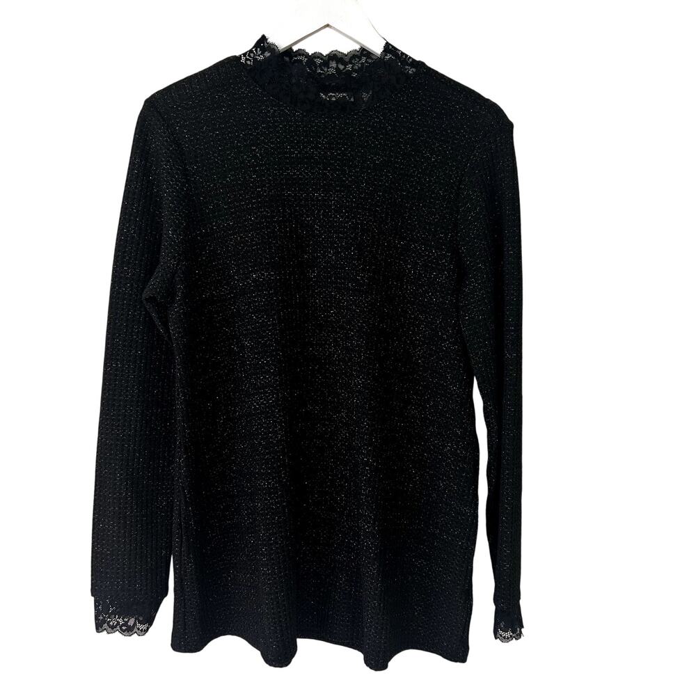 LOGO Lori Goldstein Blouse Size M NWT Waffle Knit Blouse Sparkle Lace Metallic